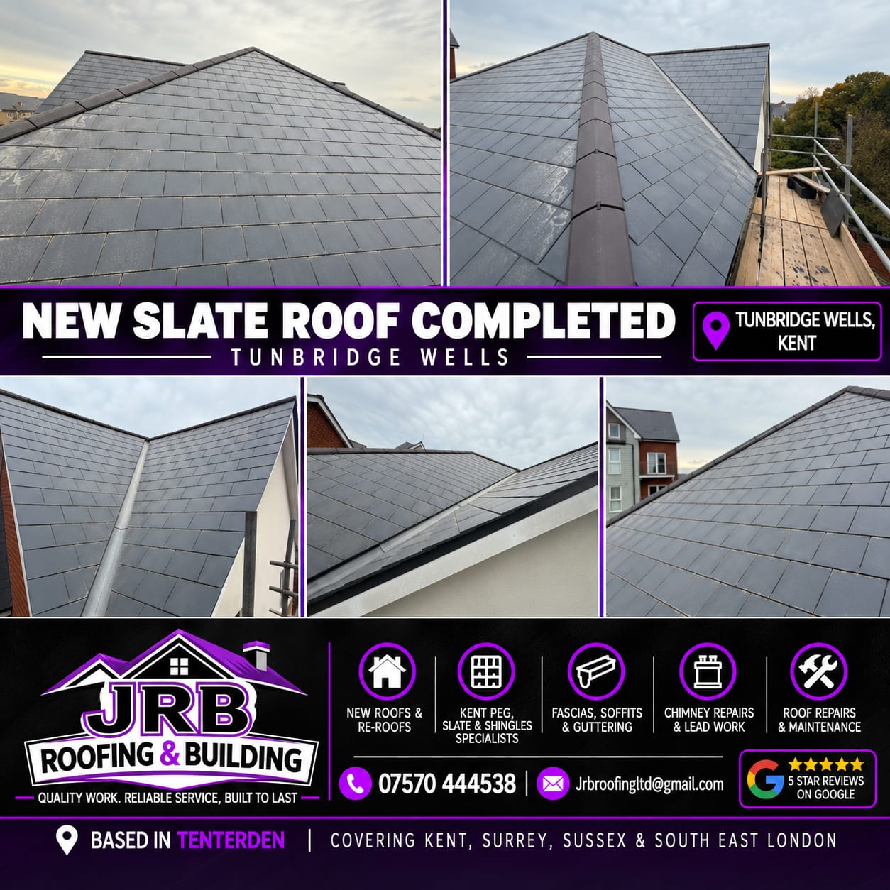 Photographs of a new slate roof completed in Tunbridge Wells, Kent, showing the ridge, hip, lead valley and eave details
