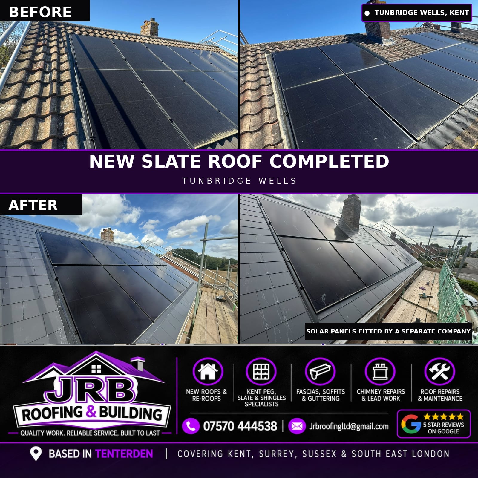 Before-and-after photos of a completed slate re-roof in Tunbridge Wells, Kent, with solar panels fitted by a separate company
