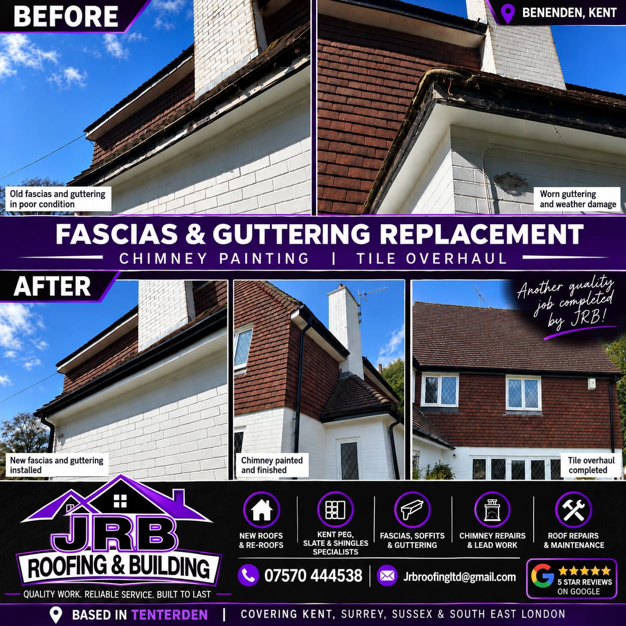 Before and after photographs of new fascias and guttering, a repainted chimney and an overhauled tile roof completed in Benenden, Kent