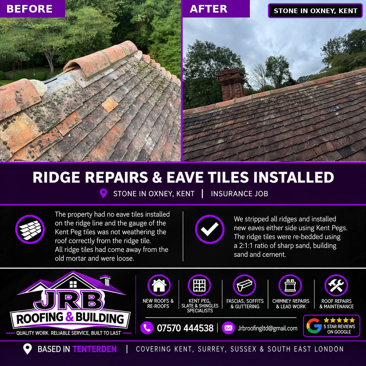 Before and after photographs of ridge repairs and new eave tiles installed on a Kent peg tile roof in Stone-in-Oxney, Kent