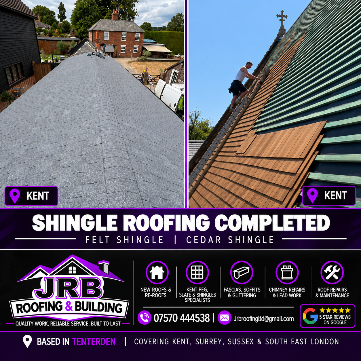 JRB Roofing & Building Ltd advert showing genuine Kent projects: felt shingle roofing on the left and cedar shingle roofing on the right, with the original branding and contact information